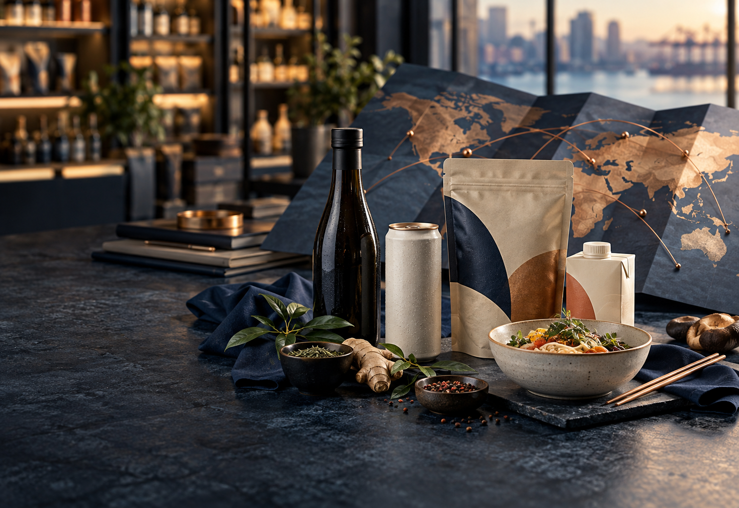 Food and beverage packaging beside a map linking Asia and North America